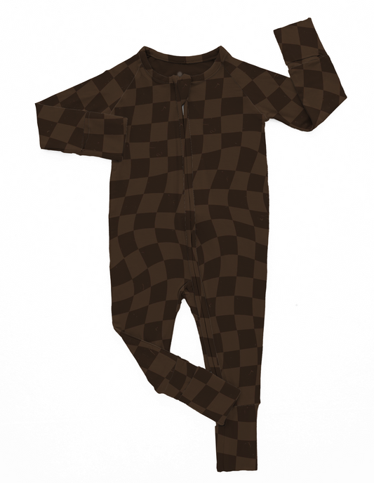 Neutral Wavy Checker| Brown Bamboo Romper